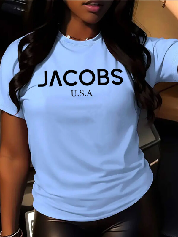 Jacob's Women's Casual Short Sleeve T-Shirt - Bold JACOBS U.S.A. Letter Print, Breathable Round Neck Tee, Machine Washable, All-Season Comfort for Casual Attire, Summer Fashion, Relaxed Fit Tee, Soft Fabric Shirt - Image 3
