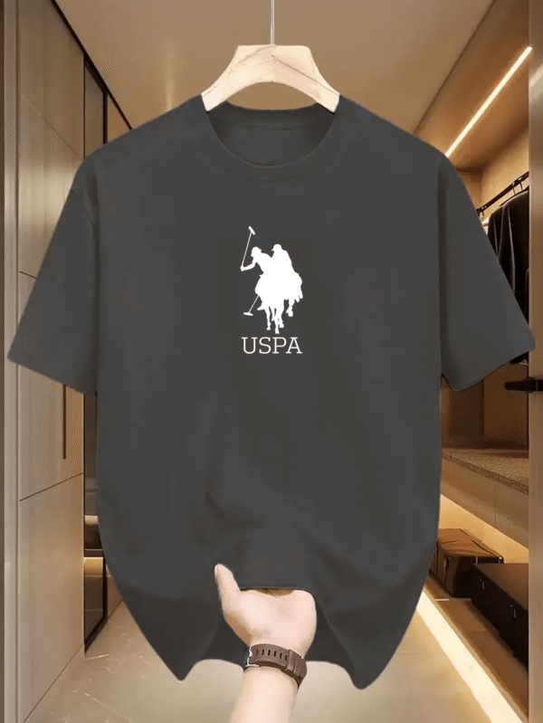 T1104 White Horse 2025 New Design Casual Short Sleeve T-Shirt - Black Geometric Pattern with USPA Logo & Equestrian Applique, Regular Fit Round Neck, High-Quality Comfortable Fabric for Adults, Everyday Clothing, Modern Casualwear, Durable Casualwear - Image 2