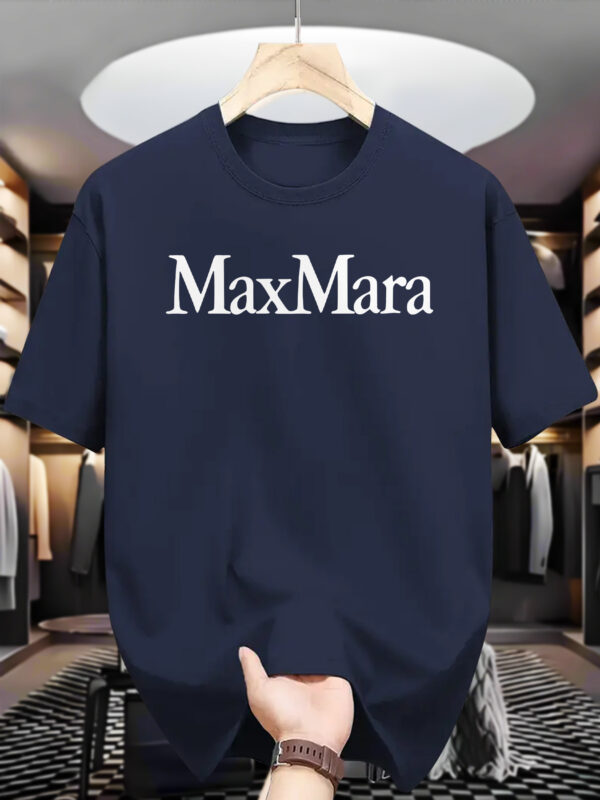 Men's Casual Summer Graphic T-Shirt - Navy Blue Round Neck Short Sleeve Tee with "MAX MARA" Print, Machine Washable, Versatile Fashion Top for Casual Attire, Casual Summer Wear | Trendy Casualwear | Durable Casual Shirt - Image 2
