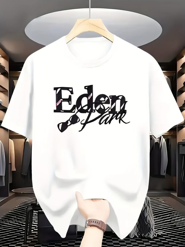 Men's Casual Summer T-Shirt - Breathable Short Sleeve Round Neck Tee with EDN UNION PARIS Geometric Letter Print, White Regular Fit for Casual Attire, Machine Washable Top