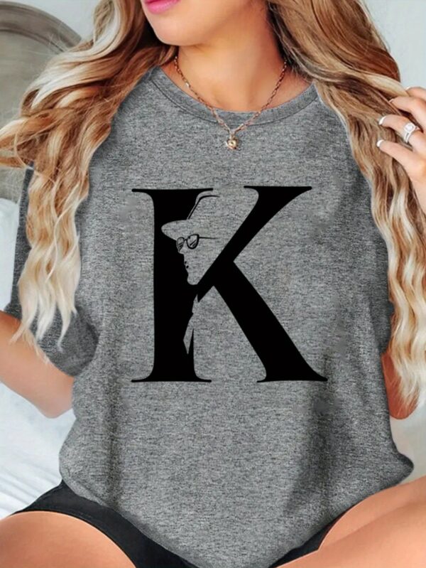 Women's Casual Short Sleeve T-Shirt with Bold Letter K Graphic Print - Soft Breathable Polyester Blend, Quick-Dry, Machine Washable, White with Black Design for Outdoor & Casual Attire, Casual Summer Wear | Casual Style | Nontransparent Textile, Ladies T Shirts - Image 3