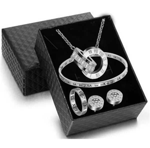 Luxury Roman Numeral Necklace Earring Bracelet Ring Set For Women Never Fade 316l Stainless Steel Wedding Jewelry Set Gift Box - Jewelry Sets - zinifashion - Image 2