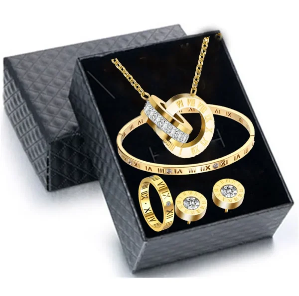 Luxury Roman Numeral Necklace Earring Bracelet Ring Set For Women Never Fade 316l Stainless Steel Wedding Jewelry Set Gift Box - Jewelry Sets - zinifashion