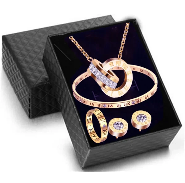 Luxury Roman Numeral Necklace Earring Bracelet Ring Set For Women Never Fade 316l Stainless Steel Wedding Jewelry Set Gift Box - Jewelry Sets - zinifashion - Image 3
