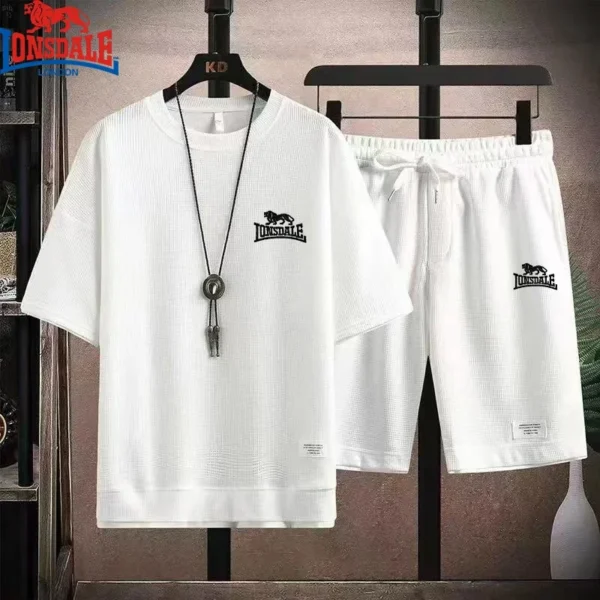 Embroidered LONSDALE Summer Men's Waffle Sets Casual T-Shirt And Shorts Set Male Sports Suit Tracksuit Loose Suits Size 3XL - zinifashion 200000343