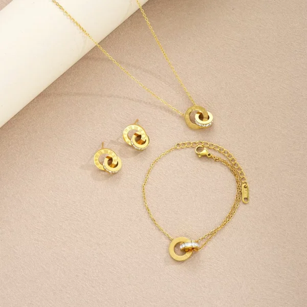 4Pcs/Set Stainless Steel Crystal Necklace Bracelet Earrings for Women Gold Color Interlocking Circles Roman Numbers Jewelry Sets - zinifashion 36 - Image 4