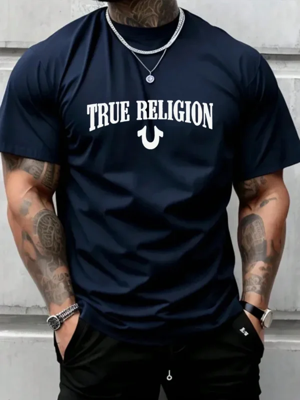 True Religion Men Cotton T-shirt Luxury Brand Fashion Big Size Top Casual Short Sleeve Streetwear Classic Print New Arrival Tee . - Image 4