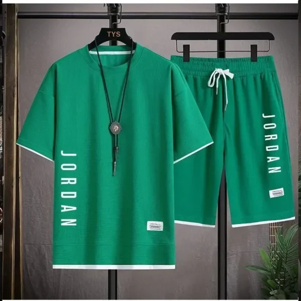 Stylish casual T-shirt + Shorts set Men's sports set Loose comfortable low Run 2025 men's summer Waffle suit . - Image 4