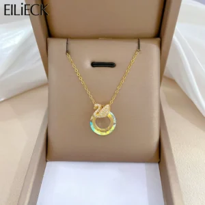 EILIECK 316L Stainless Steel Shine Cubic Zirconia Swan Pendant Necklace Gold Color Texture Metal Personalized Jewelry Neck Chain - zinifashion 36