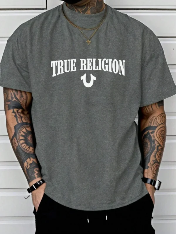 True Religion Men Cotton T-shirt Luxury Brand Fashion Big Size Top Casual Short Sleeve Streetwear Classic Print New Arrival Tee .
