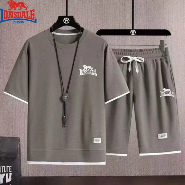 Embroidered LONSDALE Summer Men's Waffle Sets Casual T-Shirt And Shorts Set Male Sports Suit Tracksuit Loose Suits Size 3XL - zinifashion 200000343 - Image 3
