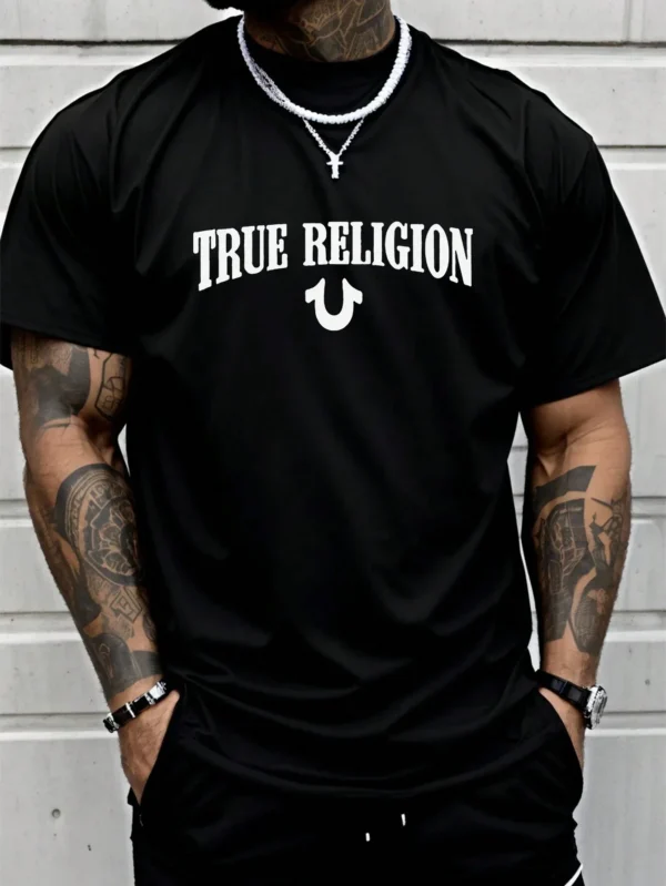 True Religion Men Cotton T-shirt Luxury Brand Fashion Big Size Top Casual Short Sleeve Streetwear Classic Print New Arrival Tee . - Image 3