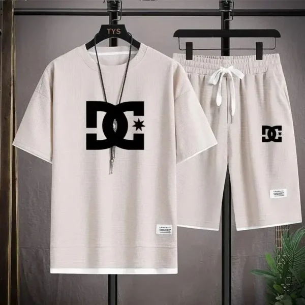 2025 Men's Summer Suit, Korean-style clothing, 2-piece set, men's casual wear, jogging pants, checkered T-shirt + shorts set - zinifashion - Image 5
