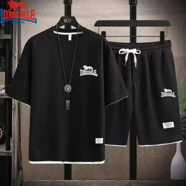 Embroidered LONSDALE Summer Men's Waffle Sets Casual T-Shirt And Shorts Set Male Sports Suit Tracksuit Loose Suits Size 3XL - zinifashion 200000343 - Image 2