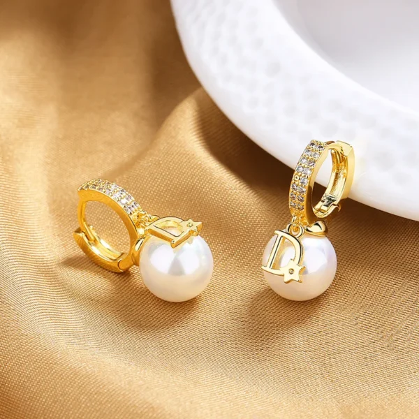 ZAKOL Korean Fashion Pearl Drop Earrings for Women Luxury Elegant Shiny Zircon D-letter Charm Hoop Earring Wedding Jewelry - zinifashion 36 - Image 3
