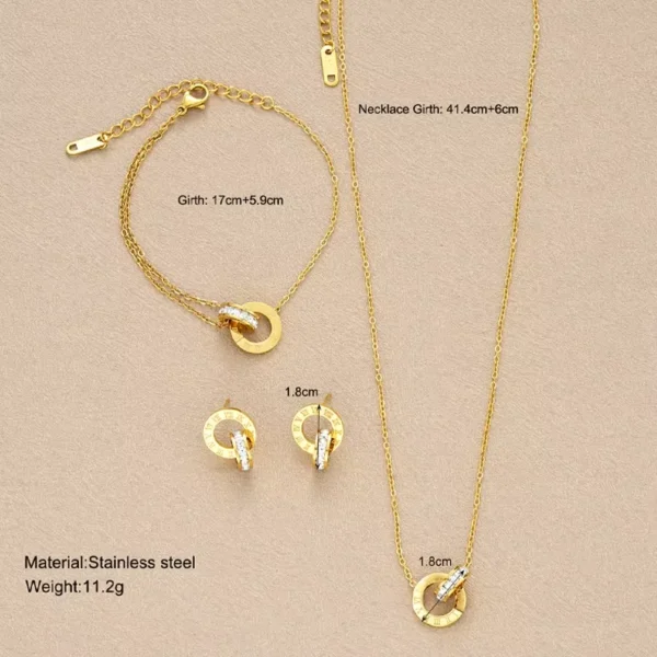 4Pcs/Set Stainless Steel Crystal Necklace Bracelet Earrings for Women Gold Color Interlocking Circles Roman Numbers Jewelry Sets - zinifashion 36 - Image 6