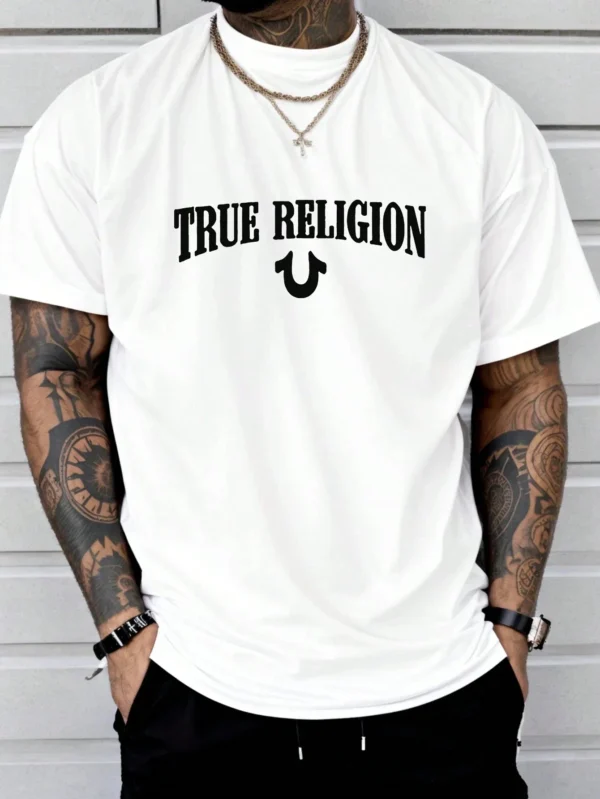 True Religion Men Cotton T-shirt Luxury Brand Fashion Big Size Top Casual Short Sleeve Streetwear Classic Print New Arrival Tee . - Image 6