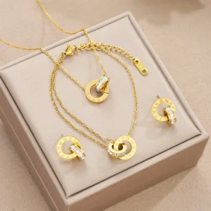 4Pcs/Set Stainless Steel Crystal Necklace Bracelet Earrings for Women Gold Color Interlocking Circles Roman Numbers Jewelry Sets - zinifashion 36