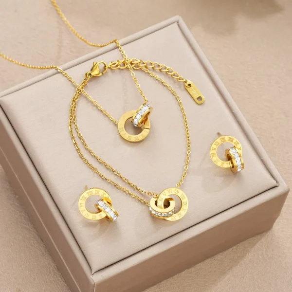 4Pcs/Set Stainless Steel Crystal Necklace Bracelet Earrings for Women Gold Color Interlocking Circles Roman Numbers Jewelry Sets - zinifashion 36