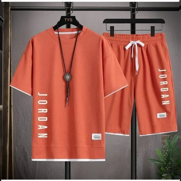 Stylish casual T-shirt + Shorts set Men's sports set Loose comfortable low Run 2025 men's summer Waffle suit . - Image 5