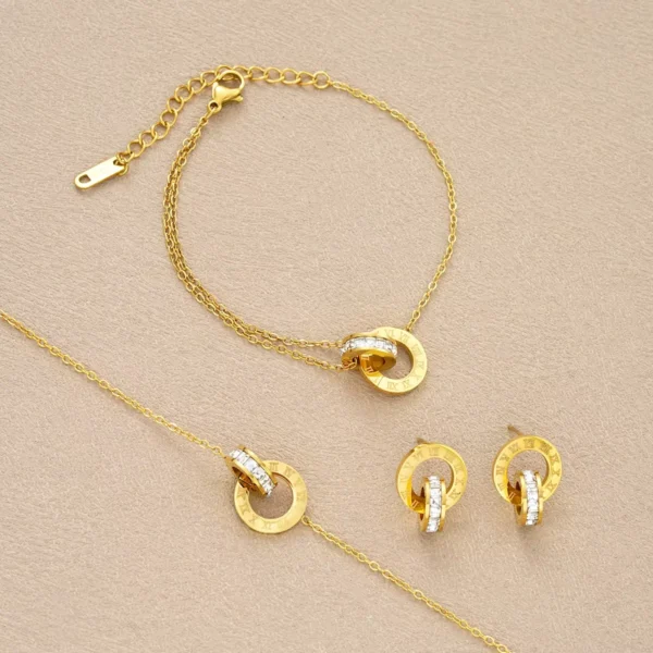 4Pcs/Set Stainless Steel Crystal Necklace Bracelet Earrings for Women Gold Color Interlocking Circles Roman Numbers Jewelry Sets - zinifashion 36 - Image 2