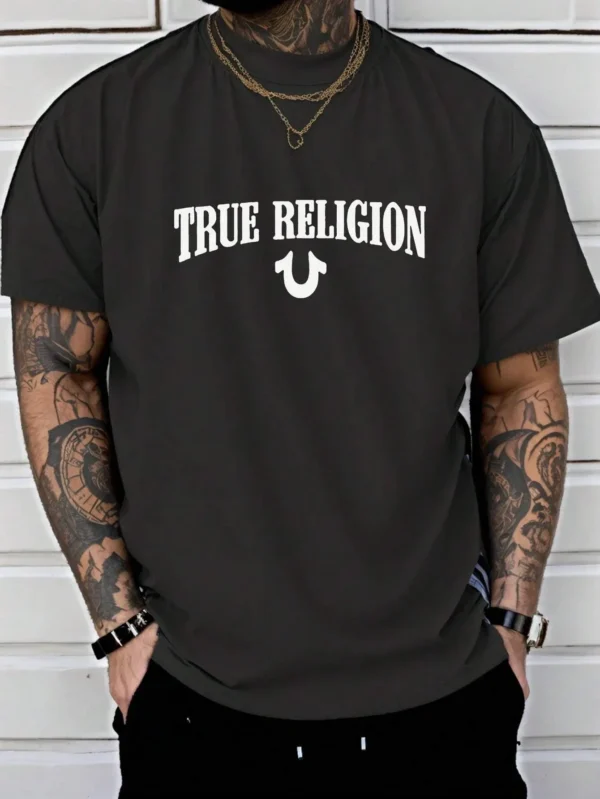 True Religion Men Cotton T-shirt Luxury Brand Fashion Big Size Top Casual Short Sleeve Streetwear Classic Print New Arrival Tee . - Image 2