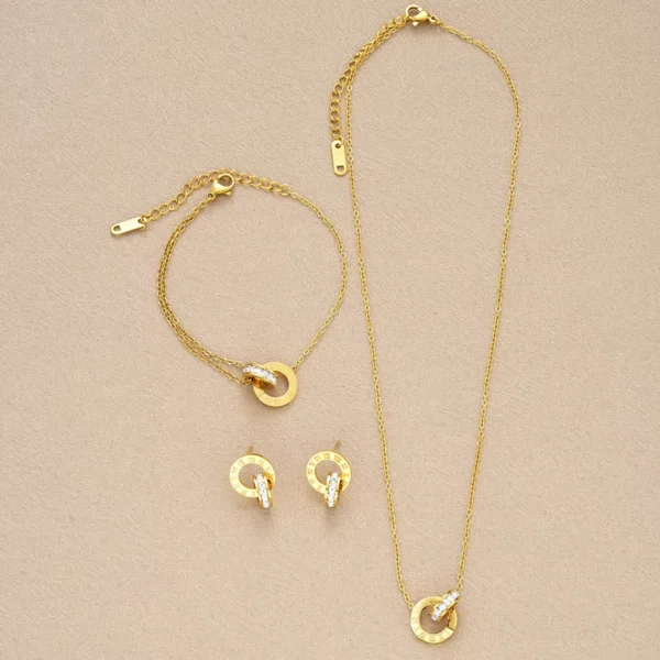 4Pcs/Set Stainless Steel Crystal Necklace Bracelet Earrings for Women Gold Color Interlocking Circles Roman Numbers Jewelry Sets - zinifashion 36 - Image 3