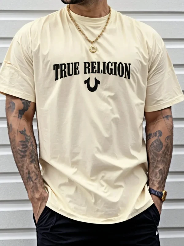 True Religion Men Cotton T-shirt Luxury Brand Fashion Big Size Top Casual Short Sleeve Streetwear Classic Print New Arrival Tee . - Image 5