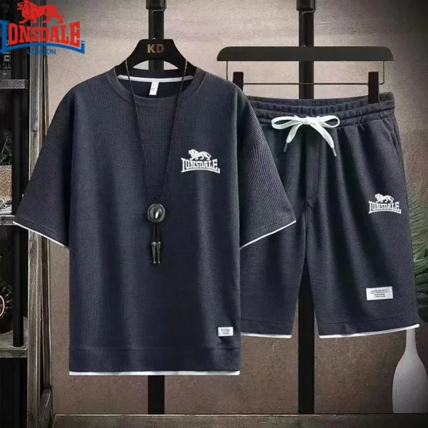 Embroidered LONSDALE Summer Men's Waffle Sets Casual T-Shirt And Shorts Set Male Sports Suit Tracksuit Loose Suits Size 3XL - zinifashion 200000343 - Image 5