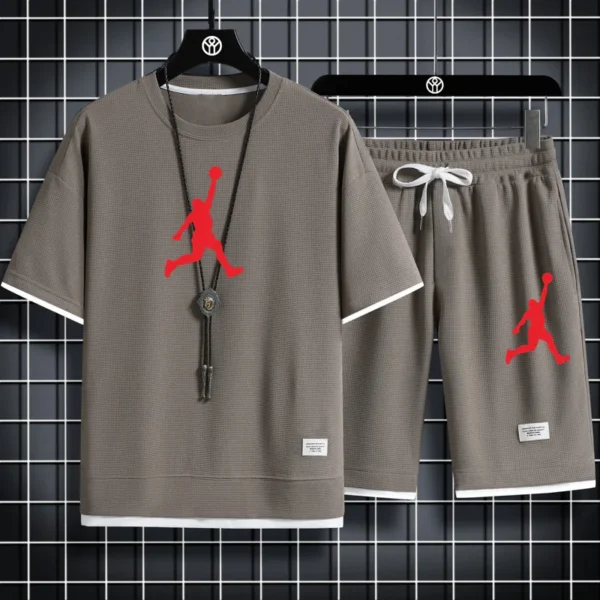 2024 Summer Breathable T-Shirt Men's Waffle Sets Casual Shorts Set Male Suit Solid Color Tracksuit Loose Joggers Suits - zinifashion 200000343 - Image 5