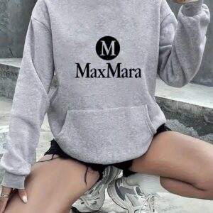Max Mara Women's Casual Hooded Sweatshirt - All-Season Relaxed Fit Pullover with Chest Logo Print, Machine Washable Long Sleeve Grey Hoodie for Casual Attire, Streetwear Fashion, Minimalist Design, Breathable Material, Street Style