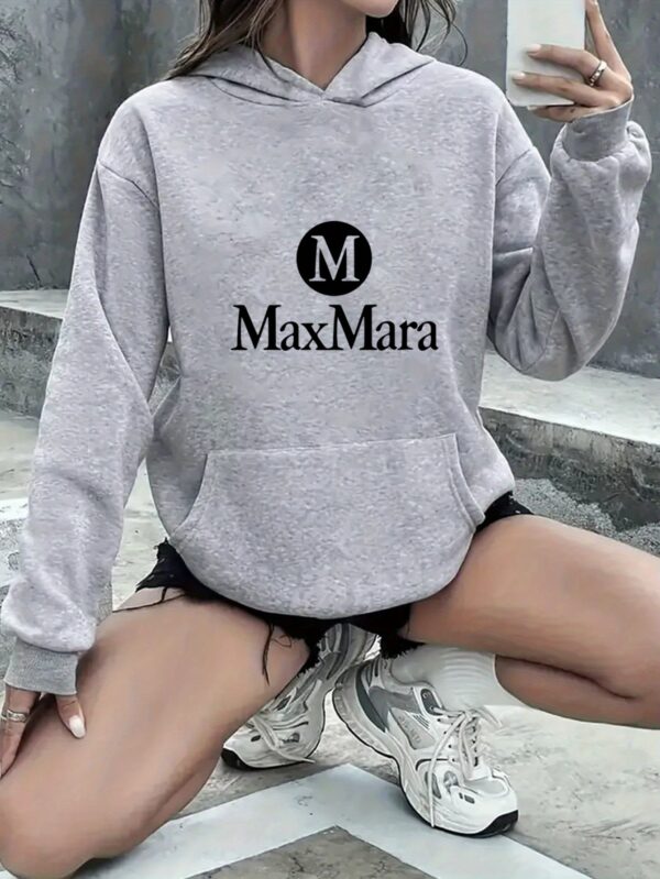 Max Mara Women's Casual Hooded Sweatshirt - All-Season Relaxed Fit Pullover with Chest Logo Print, Machine Washable Long Sleeve Grey Hoodie for Casual Attire, Streetwear Fashion, Minimalist Design, Breathable Material, Street Style