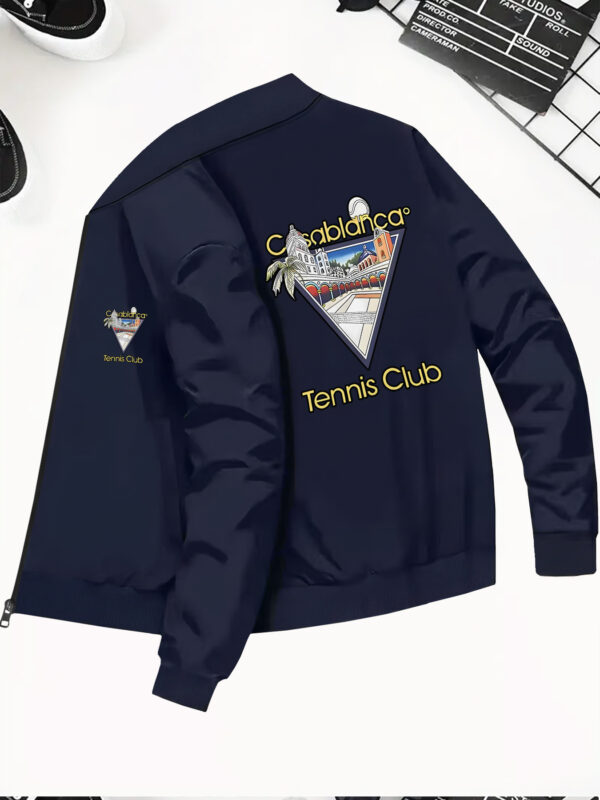 Casual Style | Elegant Tennis Court Print Bomber Jacket for Men - Slim Fit, Zip-Up, Stand Collar, Knit Polyester, Fall/Winter Fashion, Pockets Detail, Ideal for Casual Streetwear - Image 5