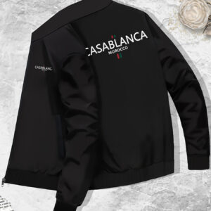 Men's Slim-Fit Casablanca-Inspired Printed Zip-Up Jacket - Black Stand Collar Casual Coat with Ribbed Cuffs & Hem, Machine Washable Polyester for Autumn/Winter, Versatile Streetwear Outerwear, Casual Attire, Sleek Design, Durable Fabric, Street Style