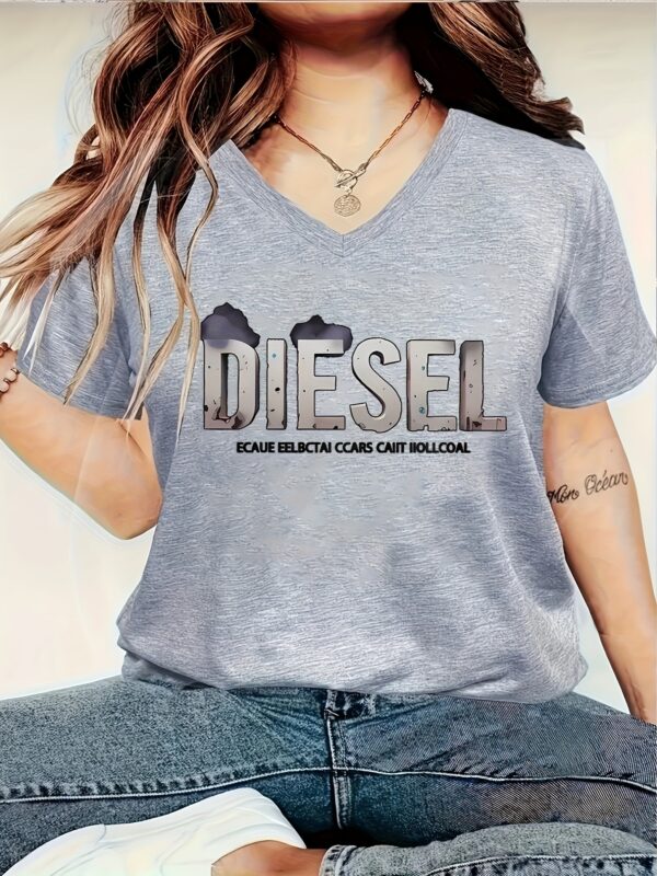 1pc Women's V-Neck Short Sleeve T-Shirt - Casual Polyester Top with DIESEL Letter Print, Black & White Graphic, Machine Washable, All-Season Versatile Wear, Relaxed Fit Tee, Vneck Style, Fabric, Everyday Tee, Graphic Print, Soft Texture, Printed Tee, Laidback Look - Image 4
