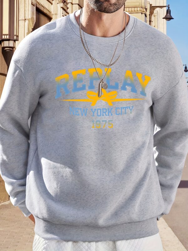 Men'S Casual Crew Neck Sweatshirt - "REPLAY" New York City 1975 Graphic, Loose Fit, Slight Stretch Fabric, Beige with Colorful Print, Perfect for Casual Attire, Urban Streetwear | Playful Print | Glossy Fabric, Sweater Hoodi - Image 4
