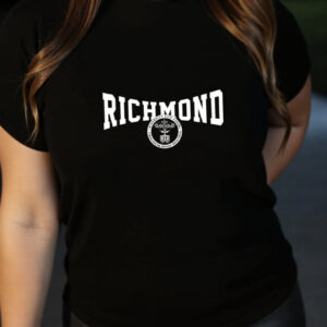 Women's Richmond Graphic Print T-Shirt - Soft Breathable Polyester Blend, Quick-Dry Casual Short Sleeve Tee with Bold Lettering & Circular Emblem Design for Outdoor Activities & Casual Attire, Machine Washable, All-Season Comfort, Nontransparent Material