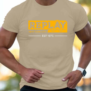 Men'S "REPLAY" Graphic T-Shirt - Casual Summer Short Sleeve, Beige with Bold Orange Lettering & Logo, Lightweight Polyester, Perfect for Outdoor Activities & Sporty Look, Summer Sportswear | Logo Print Tee | Knit Constructio