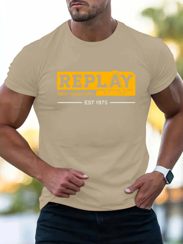 Men'S "REPLAY" Graphic T-Shirt - Casual Summer Short Sleeve, Beige with Bold Orange Lettering & Logo, Lightweight Polyester, Perfect for Outdoor Activities & Sporty Look, Summer Sportswear | Logo Print Tee | Knit Constructio