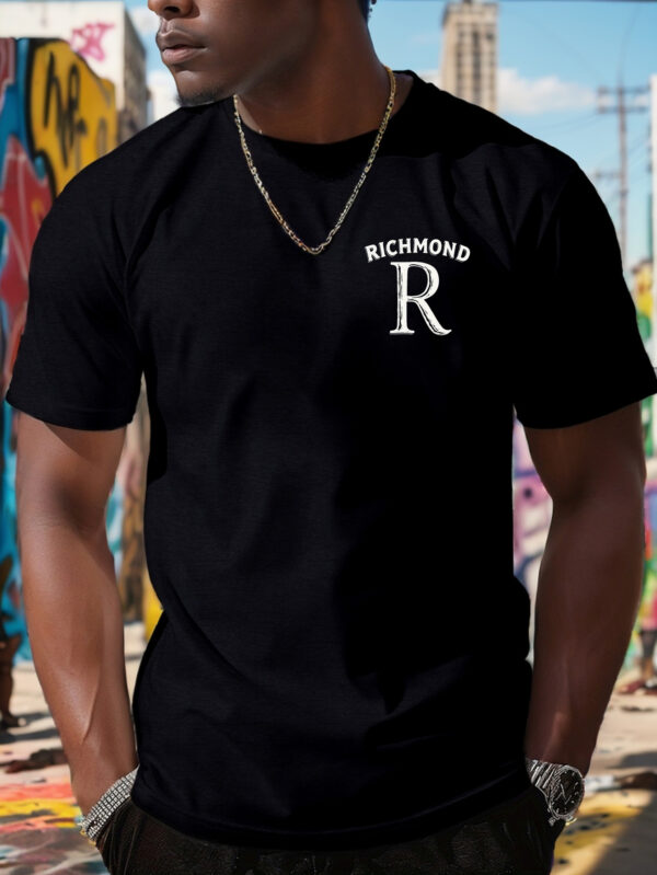 Men's RICHMOND Bold Uppercase Letter Print T-Shirt - Black with White Graphic, Casual Short Sleeve Round Neck Summer Tee, Regular Fit, Machine Washable, Casual Attire, Smooth Fabric Shirt - Image 2