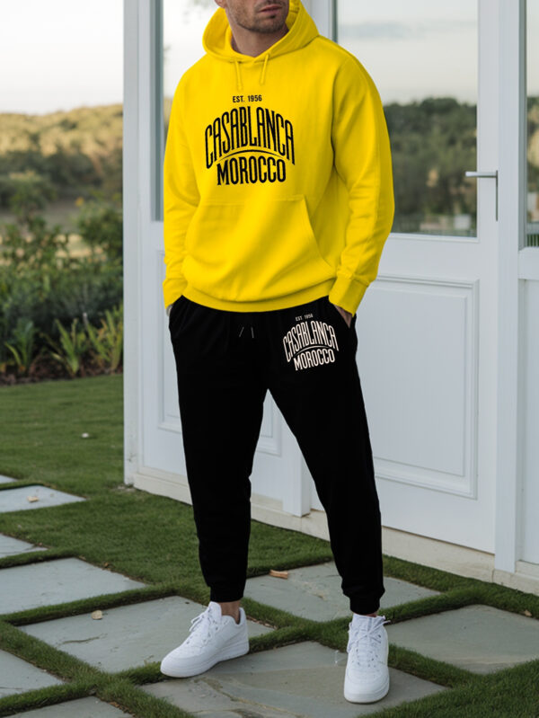 Men'S Casablanca Morocco Hooded Sweatshirt Suit - Trendy Autumn & Winter Printed Casual Sports Top with Drawstring Pants, White & Black Design, Polyester Blend, Perfect for Casual Attire, Casual Sports Attire|Casual Hooded Top|Comfortable Fit, Sweatshir - Image 9