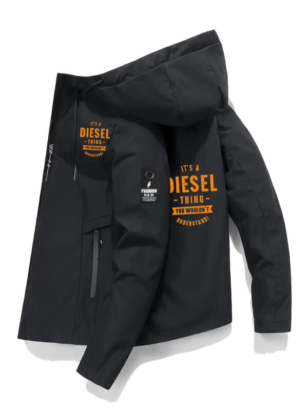 Men'S Casual Bomber Jacket with "DIESEL" Print - Lightweight Polyester, Zip-Up Hooded Streetwear Coat, Regular Fit, Non-Stretch Fabric, Zippered Pockets, Urban Fashion Outerwear - Image 2
