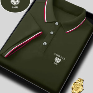 Men'S Casual Summer Polo Shirt with "CASABLANCA PARIS" Graphic Print - Green, Short Sleeve, Button-Up, Casual Sportswear for Outdoor Activities, Casual Sportswear | Casual Style | Casual Fit