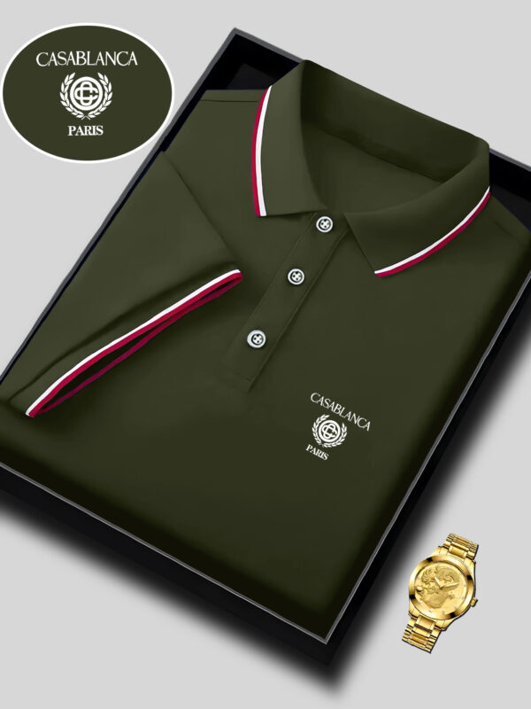 Men'S Casual Summer Polo Shirt with "CASABLANCA PARIS" Graphic Print - Green, Short Sleeve, Button-Up, Casual Sportswear for Outdoor Activities, Casual Sportswear | Casual Style | Casual Fit