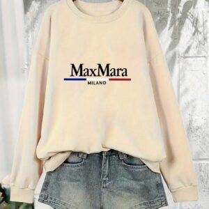 Women's Casual Long Sleeve Round Neck Sweatshirt - MAX MARA Milano Print Pullover, Beige with Blue & Red Lettering, All-Season Machine Washable Top for Casual Attire, Comfortable Pullover, Soft Fabric, Weekend Attire, Stylish Pullover, Cozy Texture, Pullover Sweater, Streetwear Style