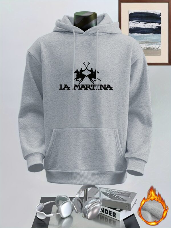Men's Casual Streetwear Hoodie with LA MARRINA Graphic Print, Kangaroo Pocket & 100% Polyester - Beige Autumn/Winter Pullover, Machine Washable Regular Fit - Image 2