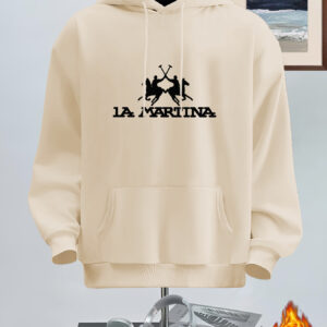 Men's Casual Streetwear Hoodie with LA MARRINA Graphic Print, Kangaroo Pocket & 100% Polyester - Beige Autumn/Winter Pullover, Machine Washable Regular Fit