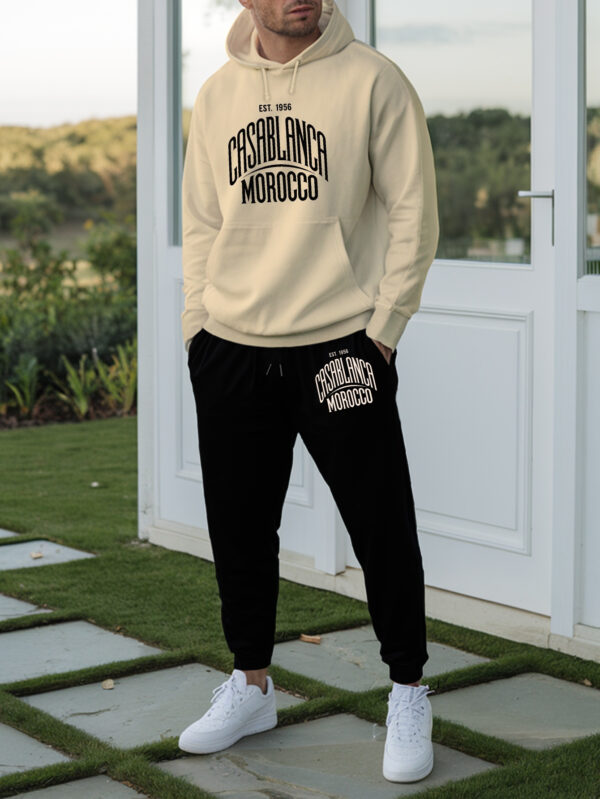 Men'S Casablanca Morocco Hooded Sweatshirt Suit - Trendy Autumn & Winter Printed Casual Sports Top with Drawstring Pants, White & Black Design, Polyester Blend, Perfect for Casual Attire, Casual Sports Attire|Casual Hooded Top|Comfortable Fit, Sweatshir - Image 8