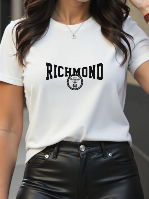 Women's Richmond Graphic Print T-Shirt - Soft Breathable Polyester Blend, Quick-Dry Casual Short Sleeve Tee with Bold Lettering & Circular Emblem Design for Outdoor Activities & Casual Attire, Machine Washable, All-Season Comfort, Nontransparent Material - Image 2