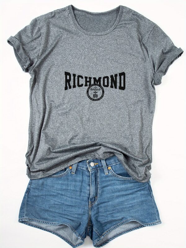 Women's Richmond Graphic Print T-Shirt - Soft Breathable Polyester Blend, Quick-Dry Casual Short Sleeve Tee with Bold Lettering & Circular Emblem Design for Outdoor Activities & Casual Attire, Machine Washable, All-Season Comfort, Nontransparent Material - Image 6